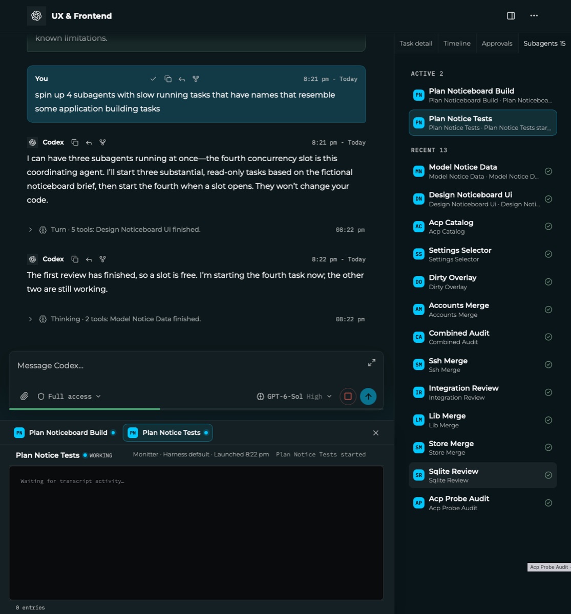 A Codex conversation coordinating four subagents, with a Subagents panel listing two active and thirteen recent tasks